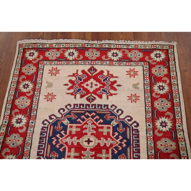 Ivory Geometric Kazak Accent Rug Hand-Knotted Wool Carpet - 2'10" x 3'10"
