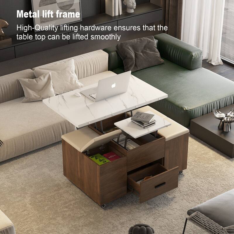 Modern Lift-Top Coffee Table Set with 4 Stools, Expandable Living Room Table with Hidden Storage & 2 Drawers
