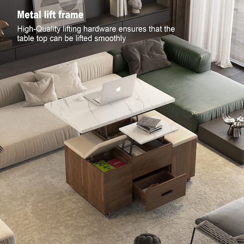 Modern Lift-Up Coffee Table with 4 Stools Set Expandable 1 Hidden Storage + 2 Drawers Space Saving Folding Dining Table