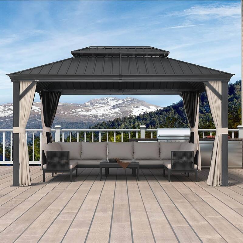 PURPLE LEAF Outdoor Galvanized Steel Hardtop Gazebo, Aluminum Frame Gazebo With Curtains
