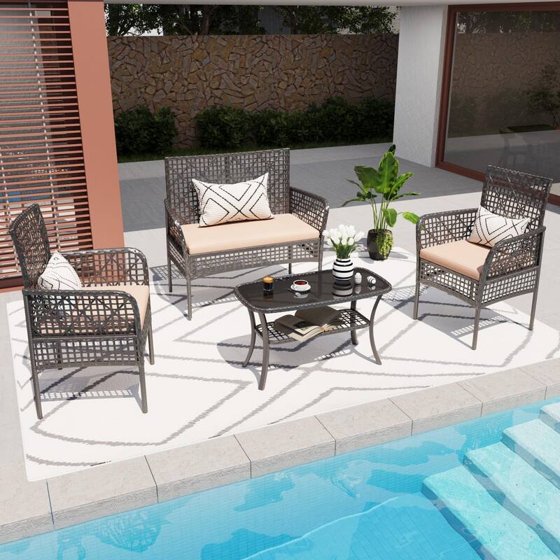 4 Pieces Outdoor Patio Furniture Set,PE Rattan Wicker Garden Conversation Chairs with Tempered Glass Table and Soft Cush - Beige
