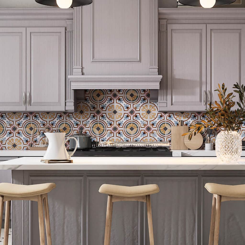 Merola Tile Vaudeville Octagon Deco Diglas with Taco Antracita 7-7/8" x 7-7/8" Porcelain Floor and Wall Tile