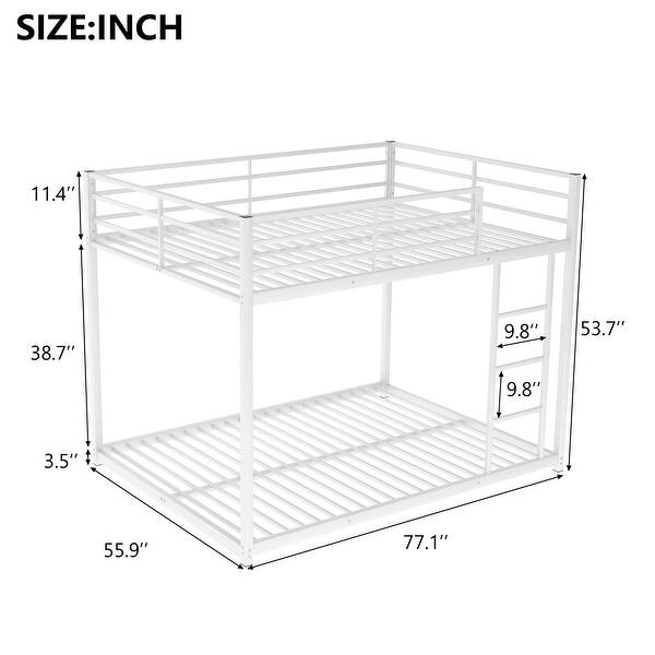 dimension image slide 2 of 3, Full over Full Size Metal Low Bunk Bed with Ladder and Fence for Kids' Bedroom