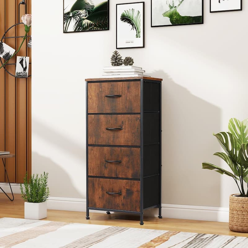 Dresser for Bedroom with 4 Drawers, Anti-Tip Tall Fabric Chests Storage Organizer Tower Furniture with Wooden Top Metal Frame - Brown