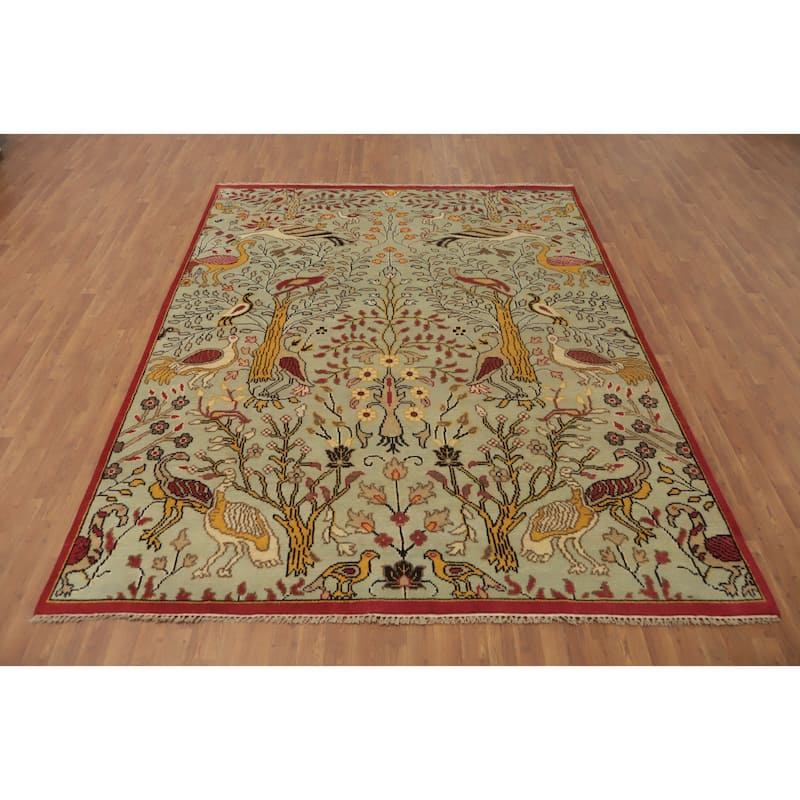 Hand-knotted Traditional Wool Green Floral Oriental Area Rug - 9' 8'' X 7' 9''