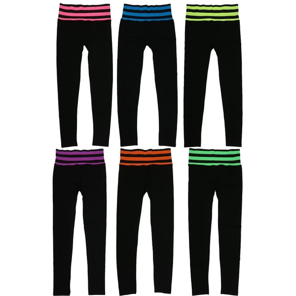 Women 6 Pack Seamless Fold-Over Strip Color Waistband Sports/Yoga Leggings Pants