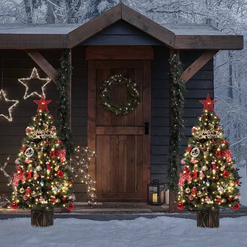4.5 Ft Artificial Christmas Tree with 200 Warm White LED Lights and Red Berries Potted Base Holiday Xmas Tree
