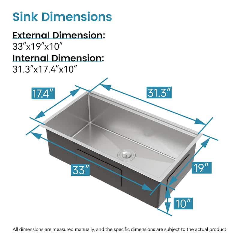 Stainless Steel Kitchen Sink, 33″x19″ Single Bowl, Undermount Handmade Sink in Brushed, with Cutting Board, Colander