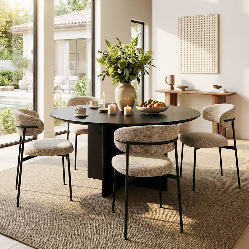 Modern Upholstered Dining Chairs with Curved Open Back and Black Metal Legs (Set of 6) - Santi-LightBrown