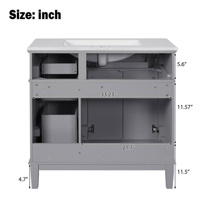 36" Modern Bathroom Vanity with Ceramic Sink, 4 Drawers, 2 Doors, Soft Close, Solid Wood Frame, Freestanding Design