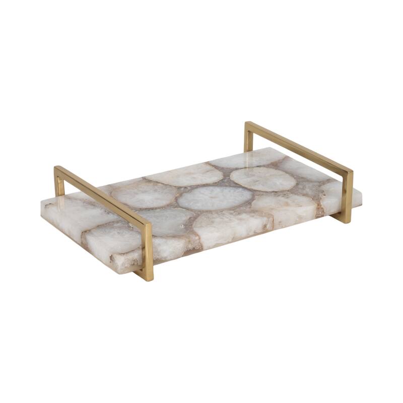 Rectangle Agate Tray with Metal Handles -Home Decor - 14", Ivory & Tan - 14.0"