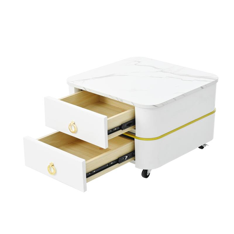 Mieres Stackable Coffee Table, Nesting Tables with Brown Tempered Glass, Wheels & Drawers and High Gloss Marble Grain Top