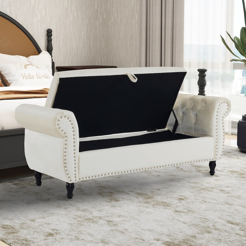 Velvet Storage Rectangular Bench With 1 Pillow,Ottoman For Living Rooms And Entryway