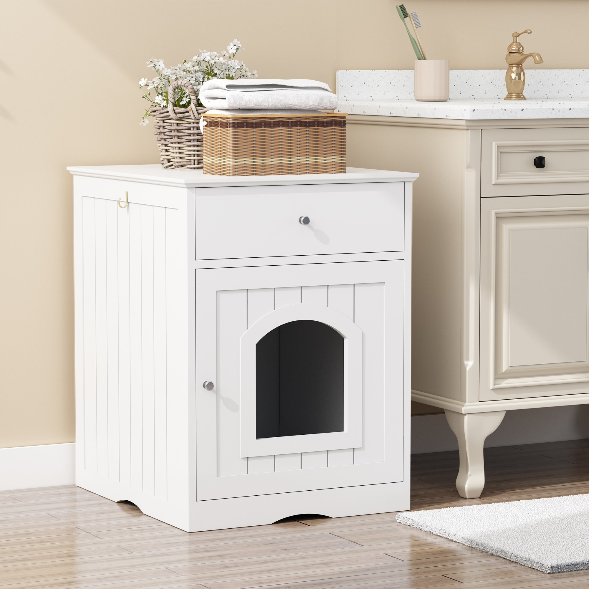 Anmytek White Shaker Style Cat Litter Box Cabinet with Storage for Laundry  Room and Bathroom - Overstock - 43712238