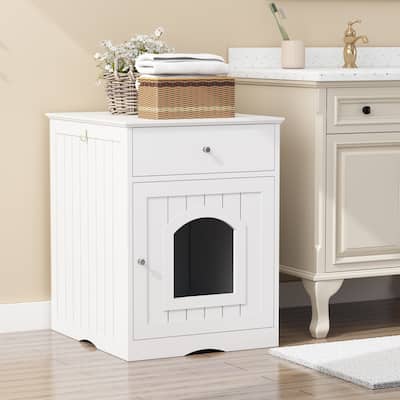 Wooden Cat Litter Box Enclosure Pet House Nightstand Indoor Pet Crate with Storage Drawer for Living Room