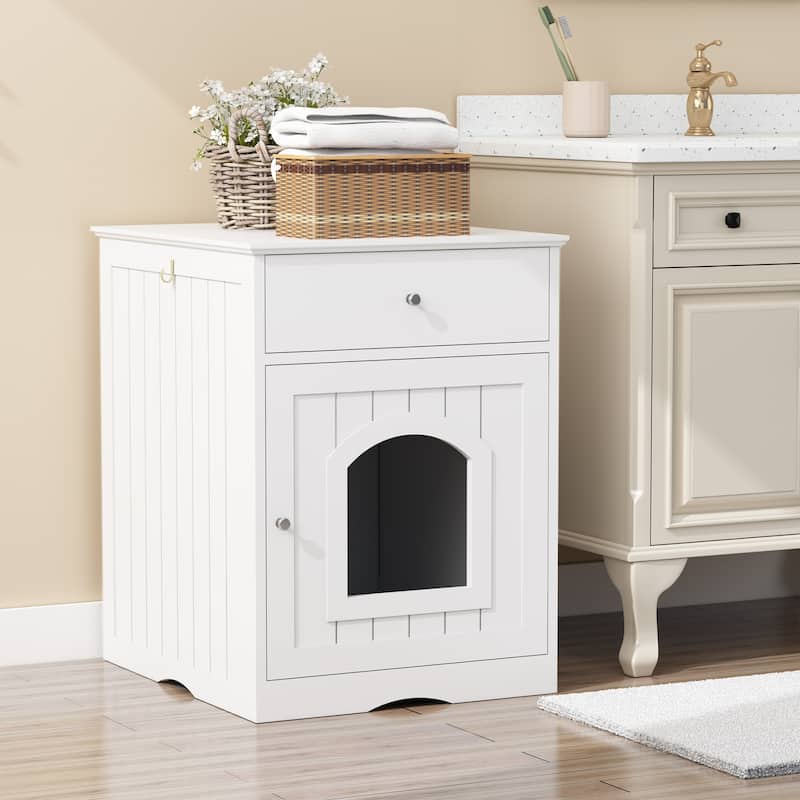 Wooden Pet House Cat Litter Box Enclosure with Drawer, Side Table, Indoor Pet Crate, Cat Home (White)