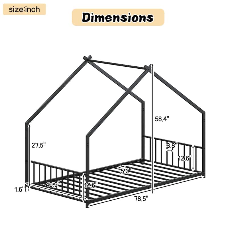 House-shaped Bed Frame, Toddler Kid Iron Floor Bed with House Roof Frame and LED Light Strips, House Daybed