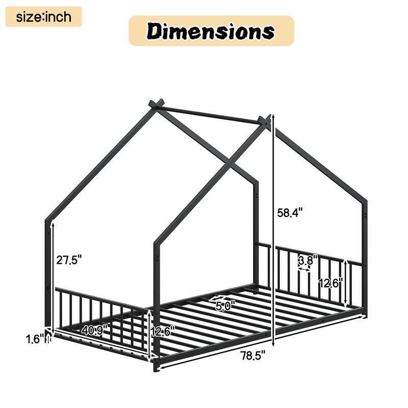 Twin Size LED Iron Bed Frame for Kids with Roof Design, Black, 78.5x40.9x58.4 Inches
