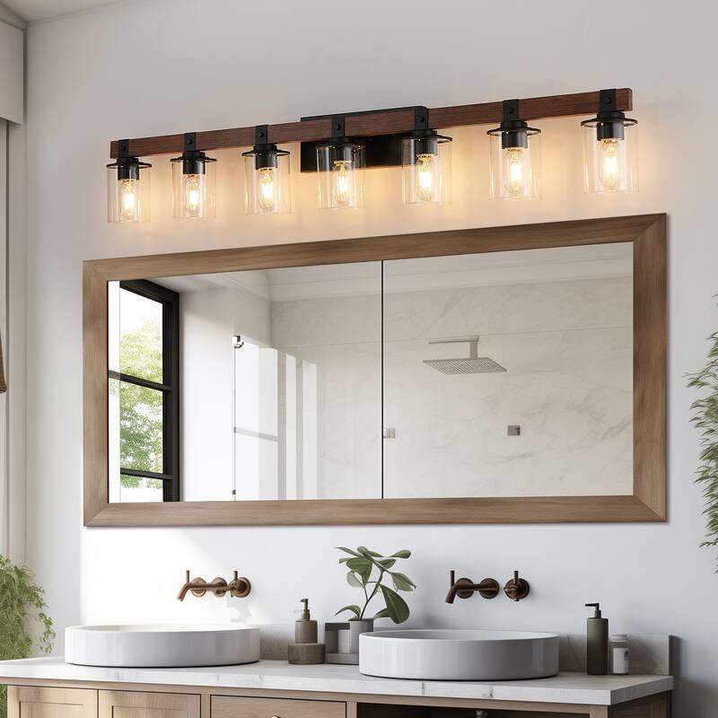 50" Rustic 7-Light Vanity Light, Industrial Bathroom Wall Sconce with Glass Shades and Wood Accent(No Bulbs) - Walnut