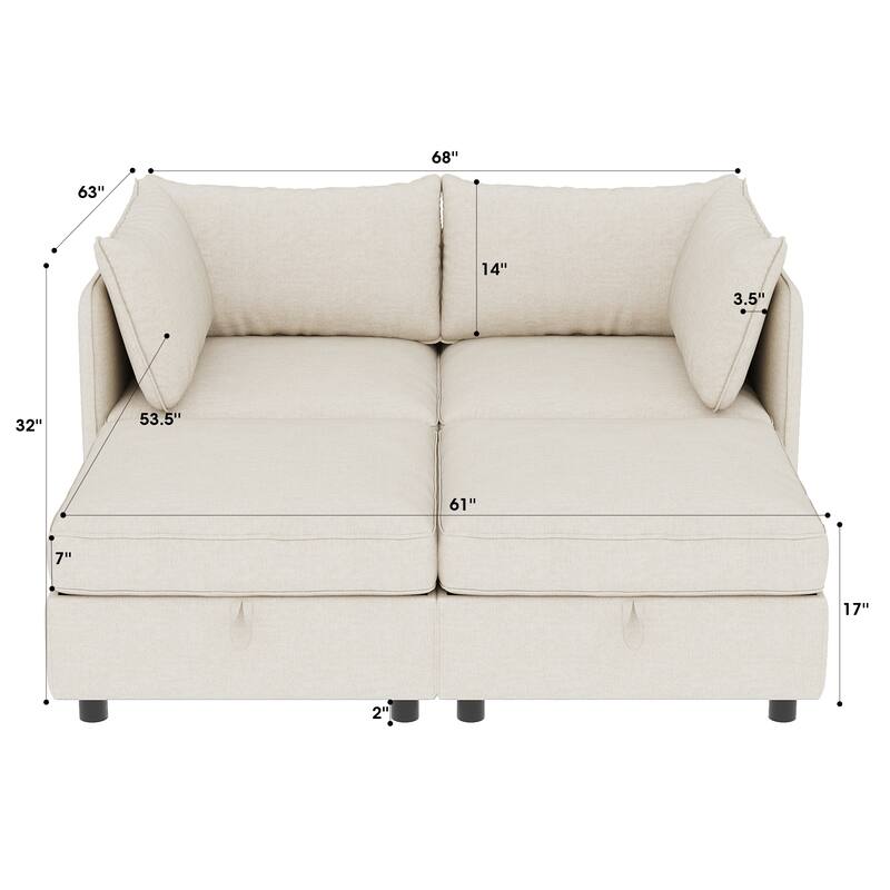 68" Chenille Modular Love Seat with Storage Chaise, Mid-Century Design, and 250lb Capacity