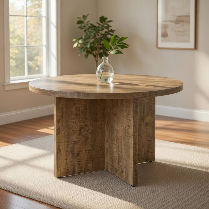 Lama Dining Table, 47 Inch Round Top X Cross Legs, Natural Brown Wood Frame