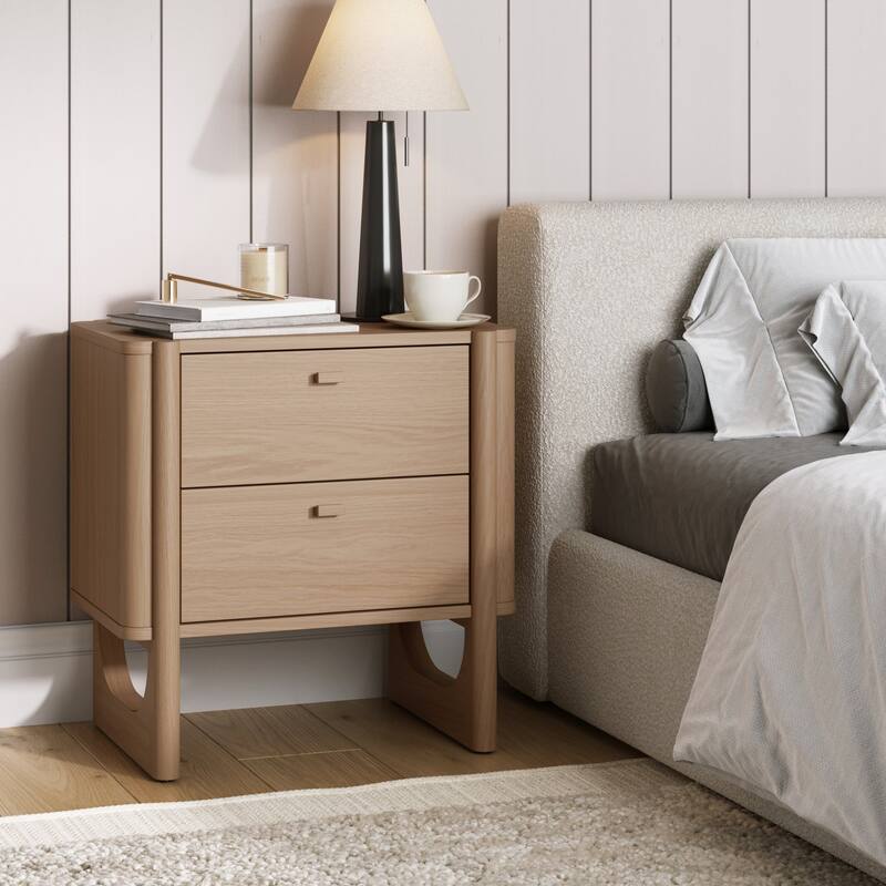 Solace Mid Century Modern 2-Drawer Nightstand with Solid Wood Frame and Rounded Details - Raw Oak - Single