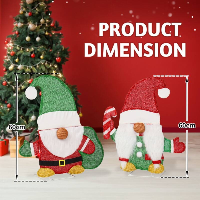 Set of 2 Lighted Gnome and Candy Cane Christmas Decorations - Red+Green