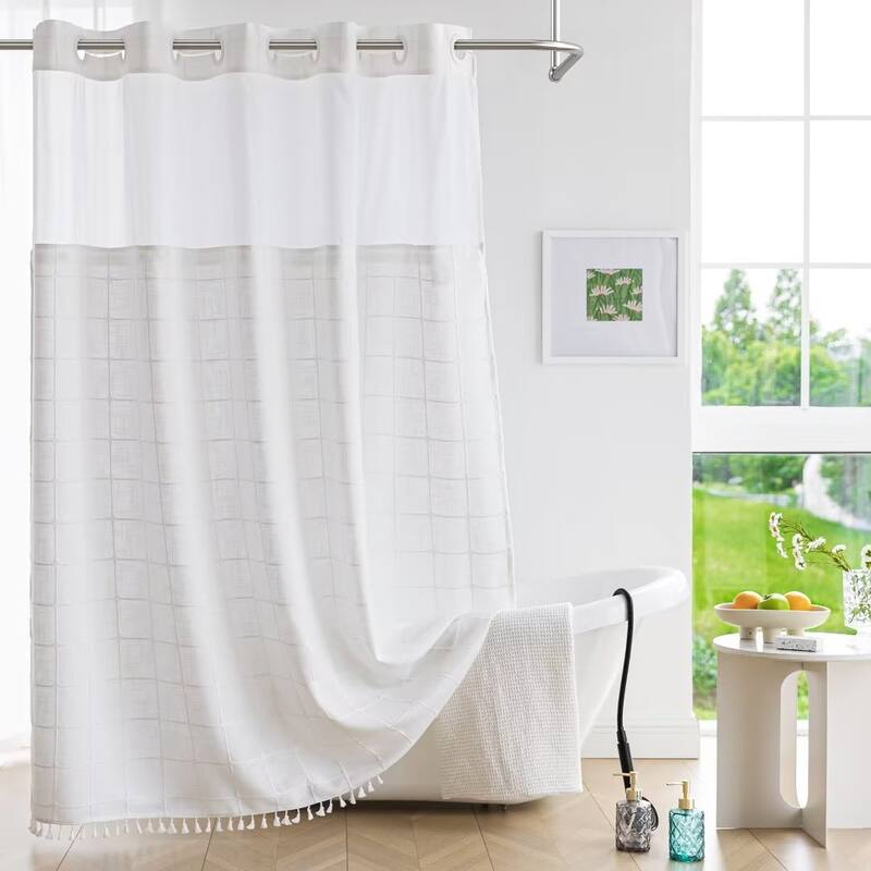 No Hook Geometric Tassels Shower Curtain with Snap-in Liner