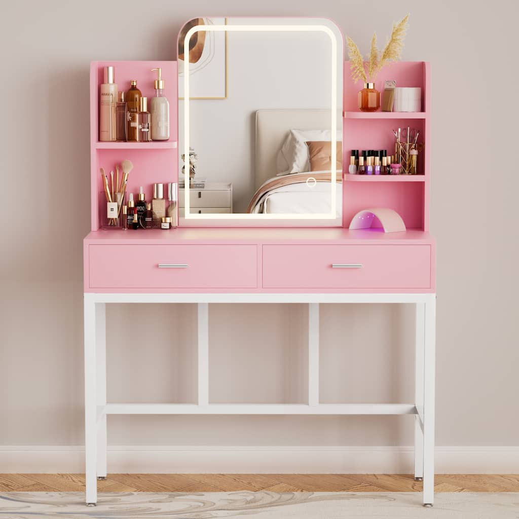 Vanity Table with LED Mirror, Kid's Makeup Vanity Desk with 2 Storage Drawers