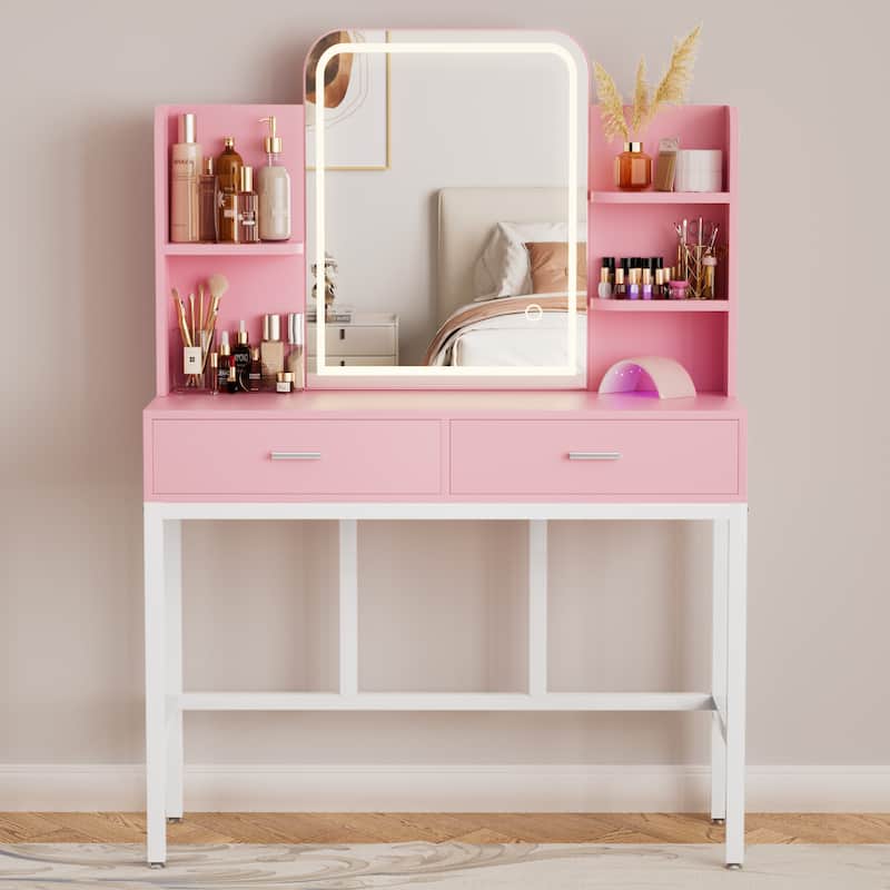 Vanity Table with LED Mirror, Kid's Makeup Vanity Desk with 2 Storage Drawers - Pink