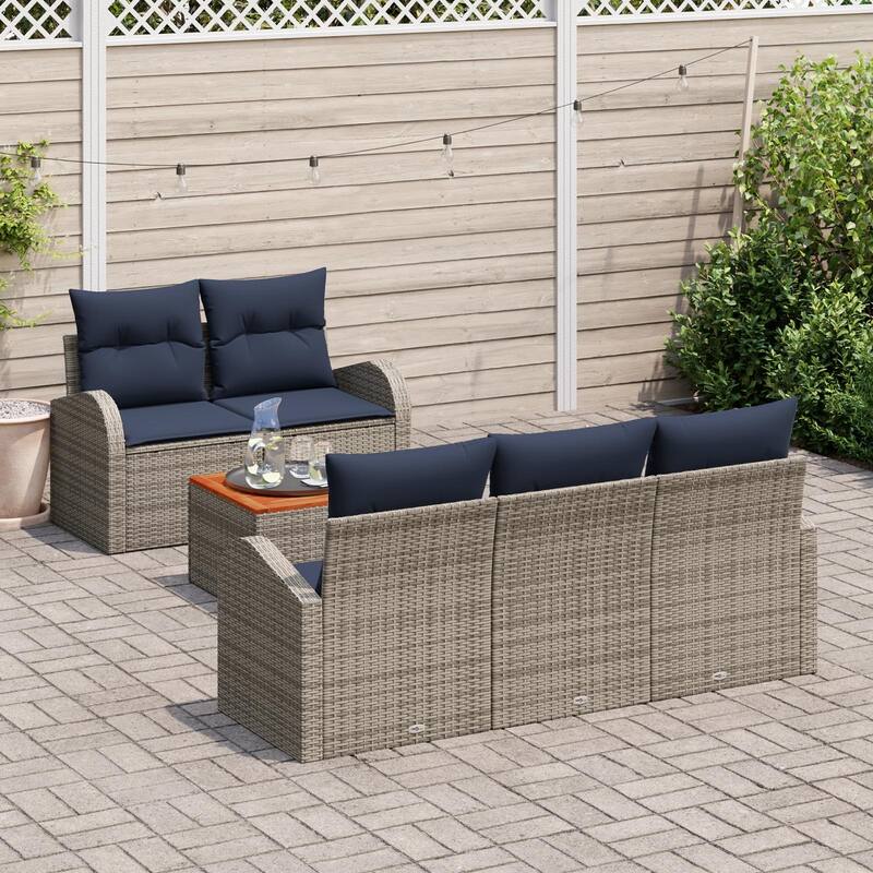 vidaXL 6 Garden Sofa Set with Cushions Black/Grey Poly Rattan - 70.5 x 24.4 x 27.2
