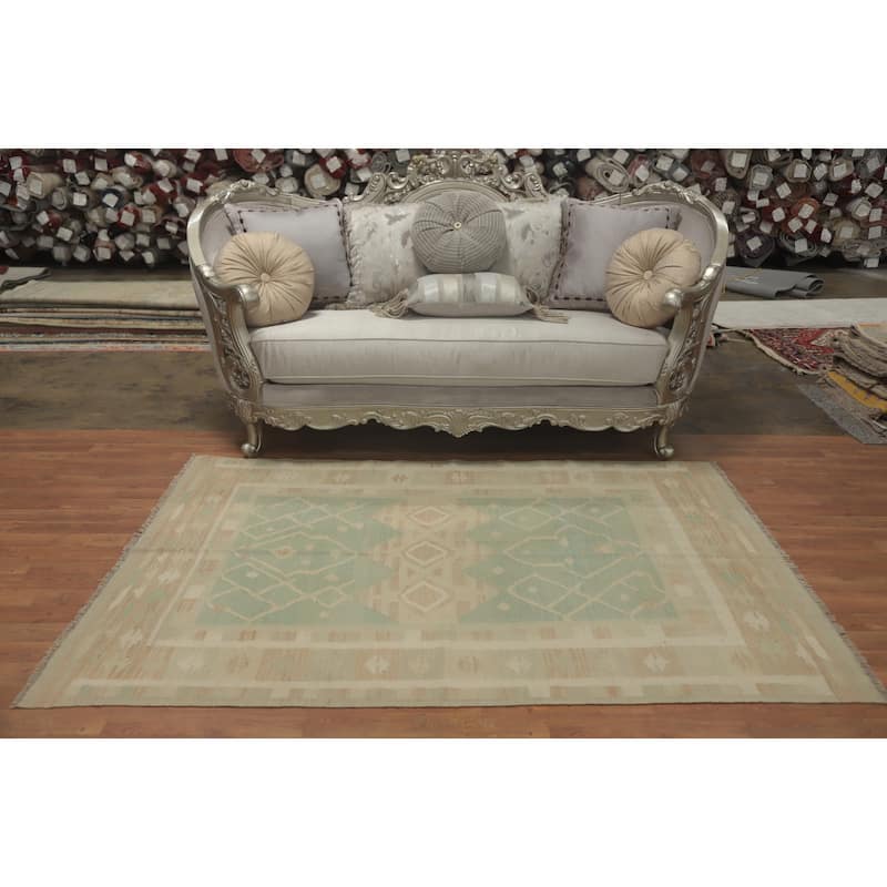Hand Woven Oriental 100% Wool Carpet Southwestern Tribal Green Kilim Area Rug - 6' 8'' X 4' 7''