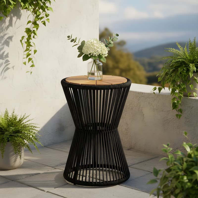 Roomfitters 25.8" Outdoor Side Table Modern Woven Rope Hourglass Patio Accent Table with Teak Wood Finish Top