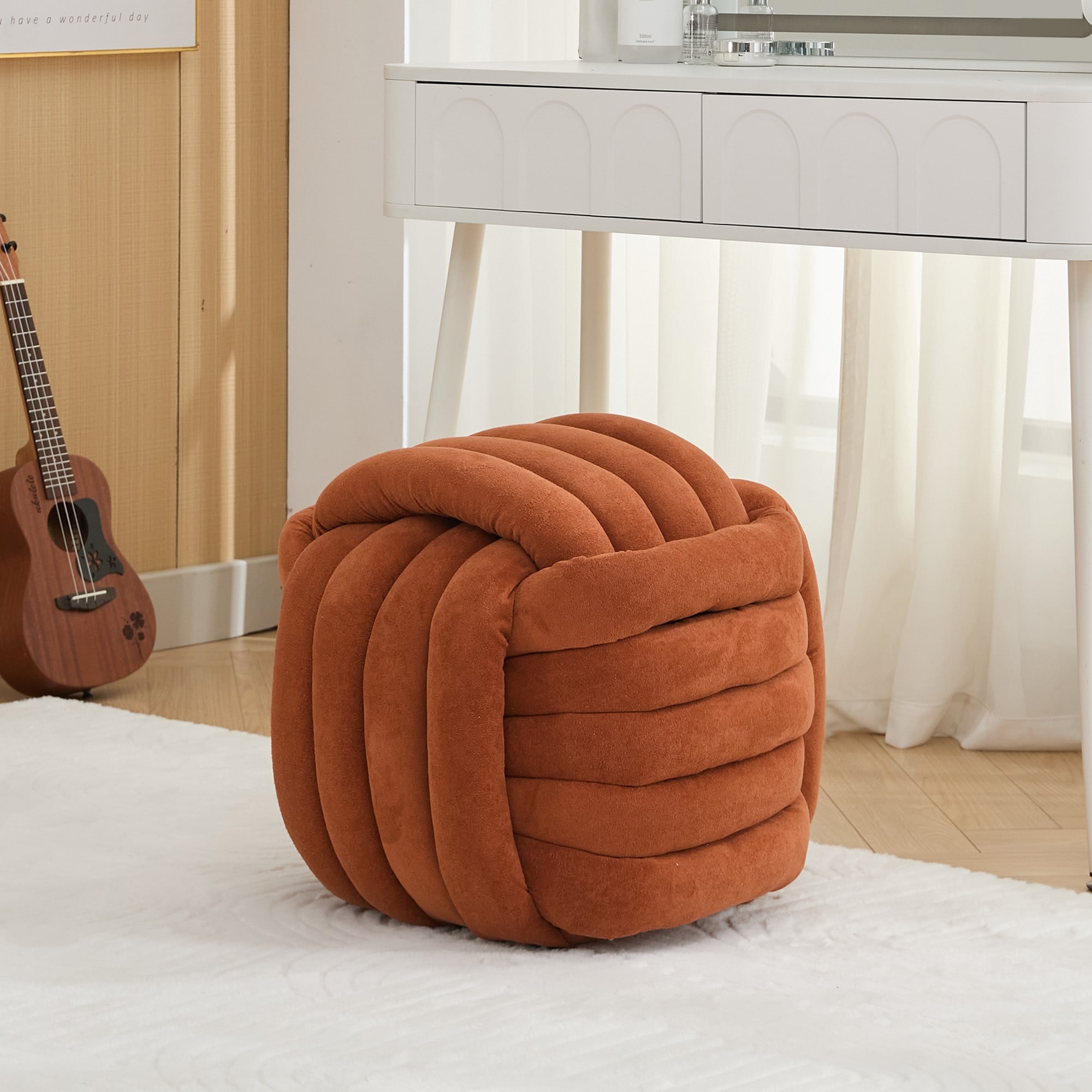 Modern Chenille Fabric Knot Design Ottoman, Makeup Stool Footstool, Comfortable and Stylish Seat