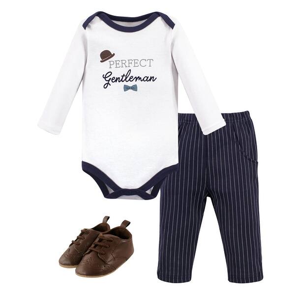 slide 1 of 1, Little Treasure Baby Boy Cotton Bodysuit, Pant and Shoe 3pc Set, Gentleman Navy 0-3 Months - Gentleman Navy