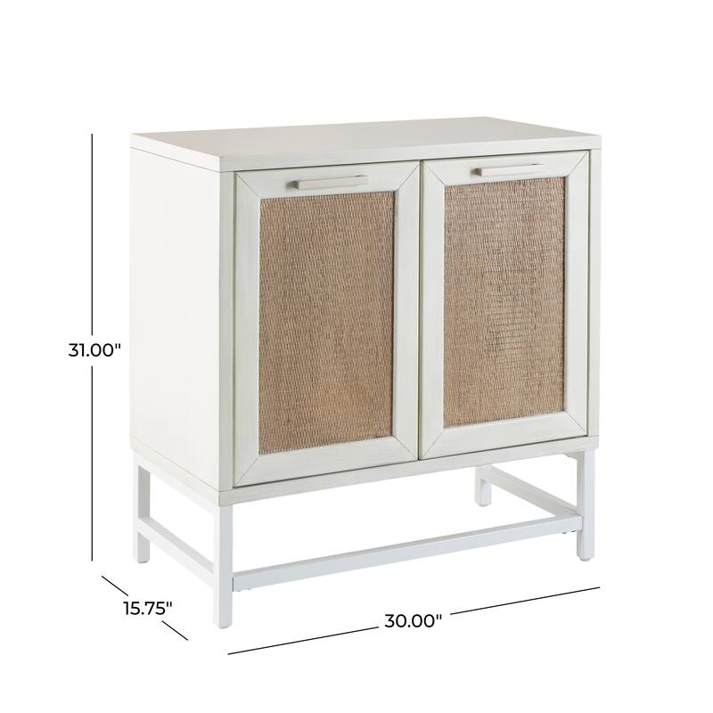 Wooden 2 Door Cabinet with Brown Woven Rattan Doors and Metal Base - White - Roche River Decor - 16"W x 30"L x 31"H