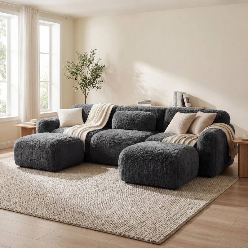 Homy Casa Modular Sectional Sofa, Dark Grey Plush Fabric with Non-Slip Base, No Assembly Living Room Couch with Pillows
