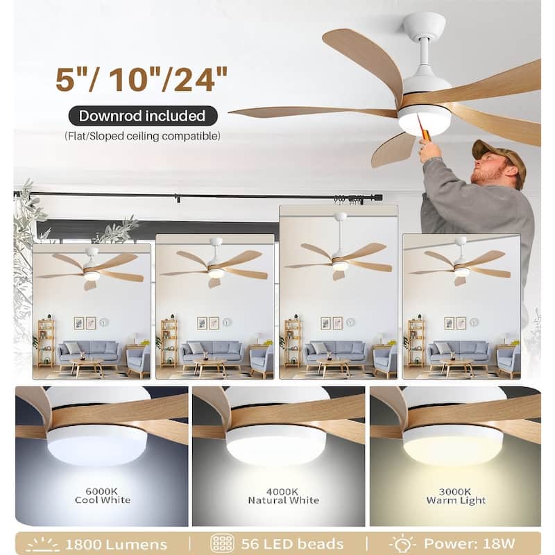 45 Inch / 52 Inch White Ceiling Fan with Dimmable LED Light and Remote, 6-Speed Reversible DC Motor, ABS Blades