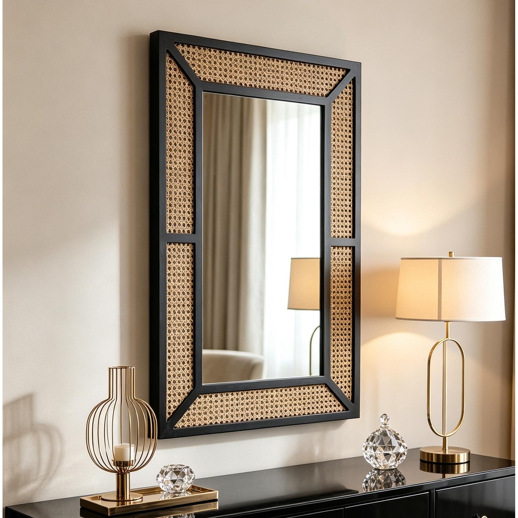 Large Rattan Wall Mirror Bohemian Square Accent Mirror for Wall Decor - 23.6"×35.5"