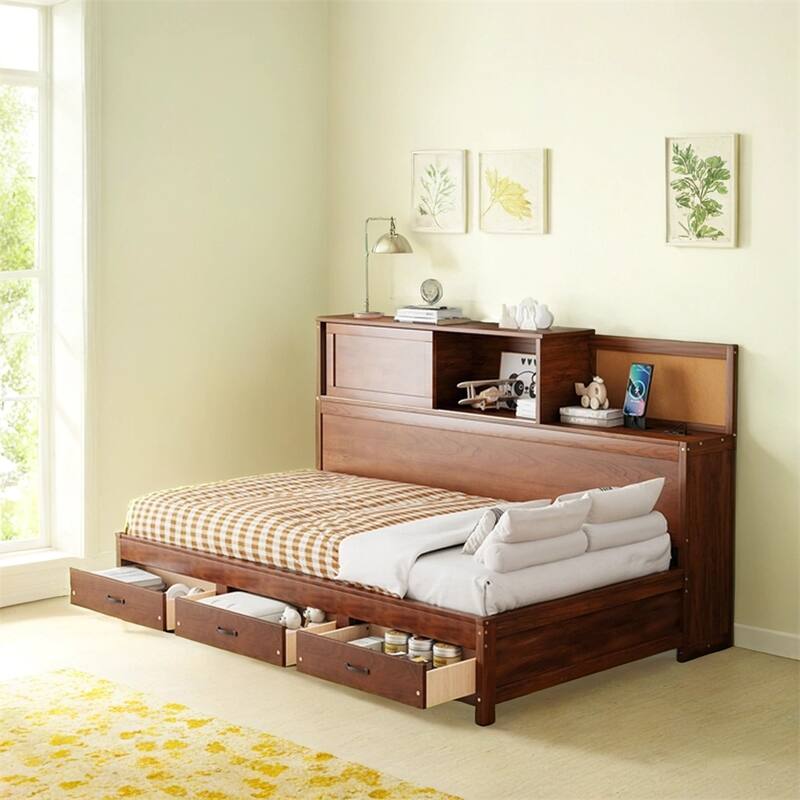 Twin Size Wooden Daybed with 3 Storage Drawers,Sockets and USB Ports