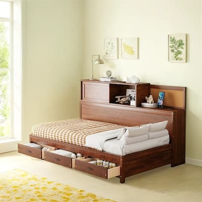 Twin Size Wooden Daybed with 3 Storage Drawers,Sockets and USB Ports