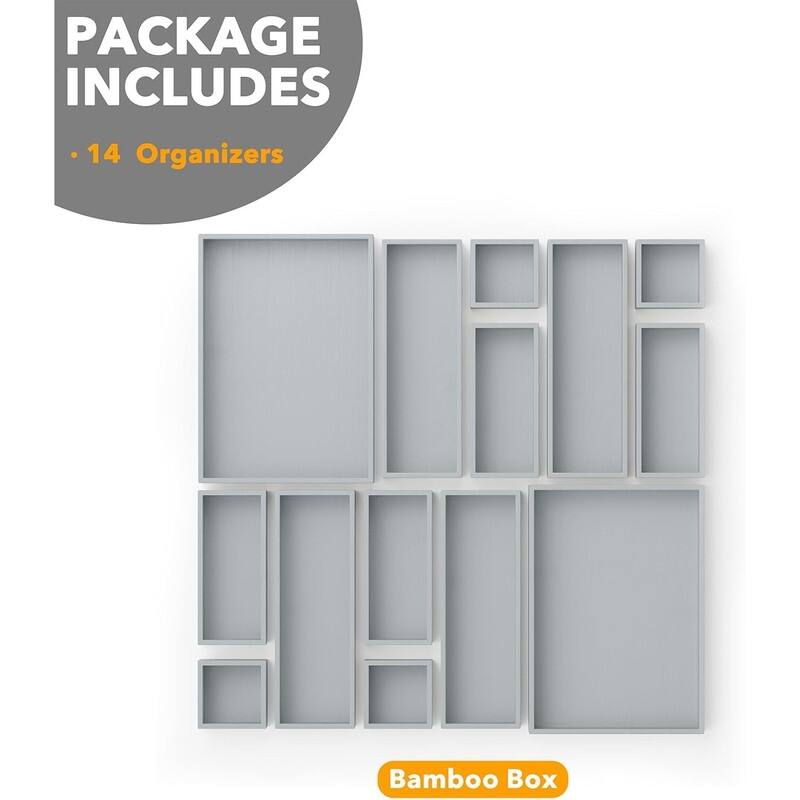 14-Piece Bamboo Drawer Organizer Storage Boxes Set, Wood Tray Junk Drawer Organizers Multi-Use Divider Bins