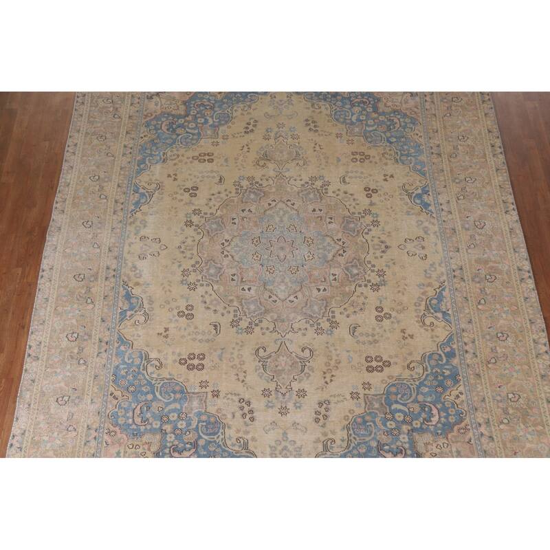 Hand Knotted Oriental 100% Wool Carpet Traditional Floral Yellow & Gold Mashad Area Rug - 11' 11'' X 9' 5''