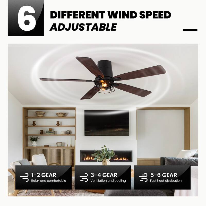 Modern Black Low Profile Small Caged Ceiling Fan with Light and Remote