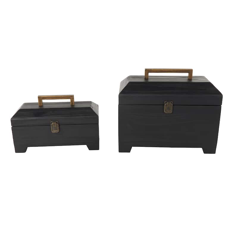 Black Wood Handmade Decorative Box with Brass Latches and Handle (Set of 2)