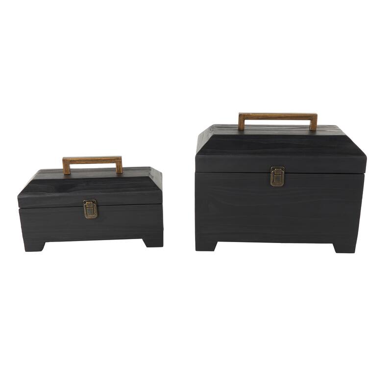 Wood Handmade Box with Brass Latches and Handle - Set of 2 Black - Roche River Decor