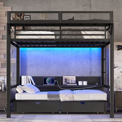 Metal Bunk Bed with Storage Shelves, Drawers & USB Ports - Featuring LED Lights and Convertible Sofa Lower Bed‌