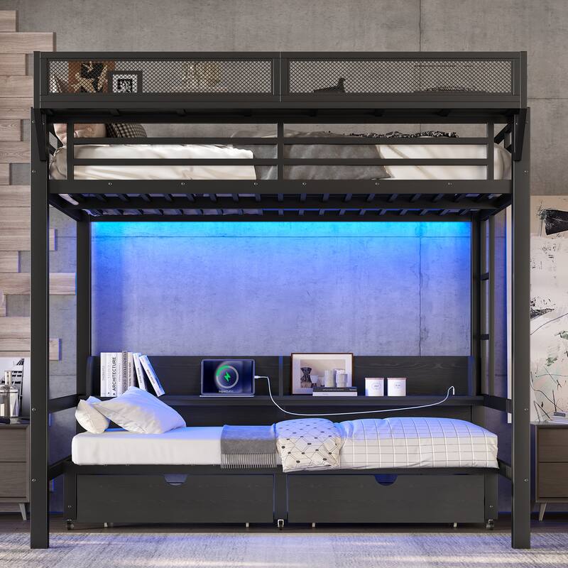 Twin XL over Twin XL Bunk Bed with Storage & Drawers, USB Ports & LED Lights, Convertible Sofa Lower Bed