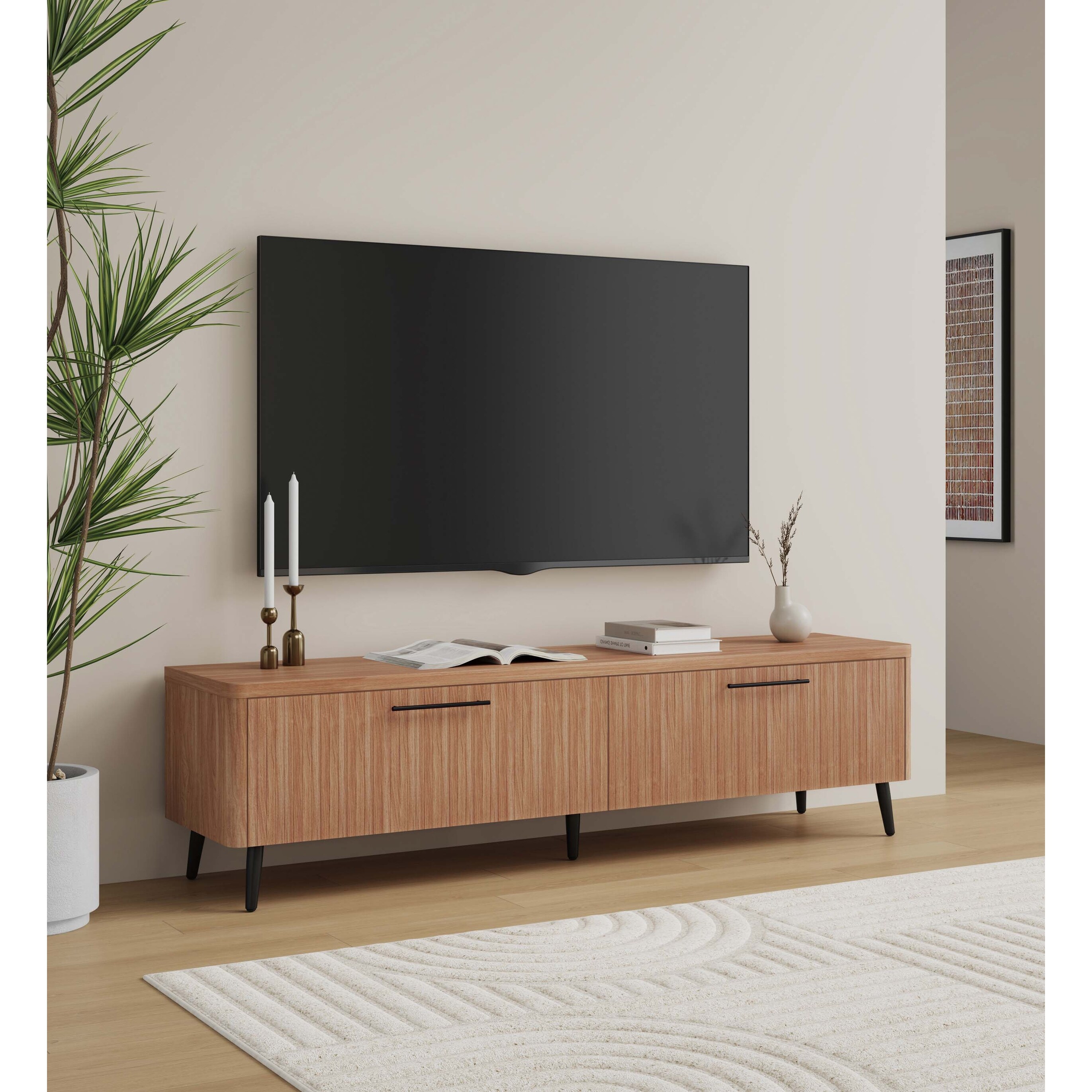 69 Inch Fluted TV Stand Maple Finish Modern Design