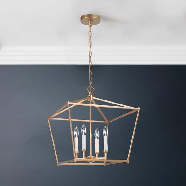 slide 1 of 12, Modern Gold 4-Light Geometric Lantern Cage Chandelier for Kitchen Island - L17.7"*W17.7"*H20" L17.7"*W17.7"*H20" - Gold